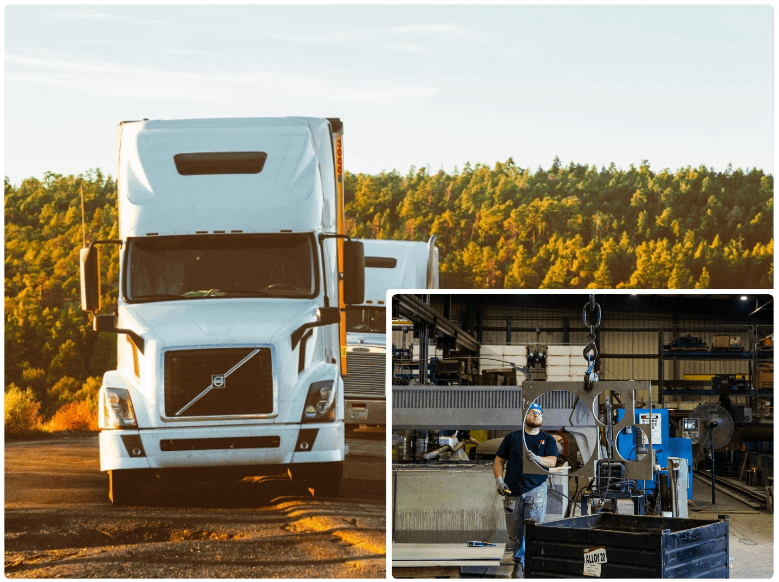 White truck parked, adjacent industrial workshop scene